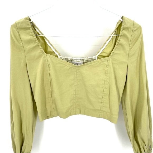 Aritzia Babaton GREEN Hadwyn Puff Sleeve Crop Sweetheart Neckline Linen Blouse - Picture 3 of 6